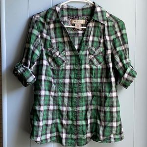 Green and black plaid button down shirt